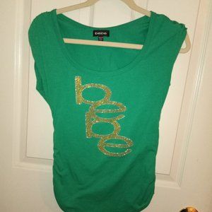 Bebe Green ruched crop sleeve Embellished T Shirt Size Small